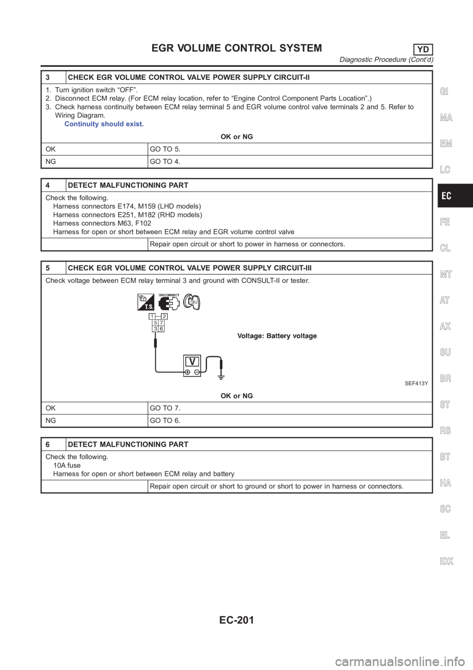 NISSAN ALMERA N16 2003  Electronic Repair Manual 3 CHECK EGR VOLUME CONTROL VALVE POWER SUPPLY CIRCUIT-II
1. Turn ignition switch “OFF”.
2. Disconnect ECM relay. (For ECM relay location, refer to “Engine ControlComponent Parts Location”.)
3.