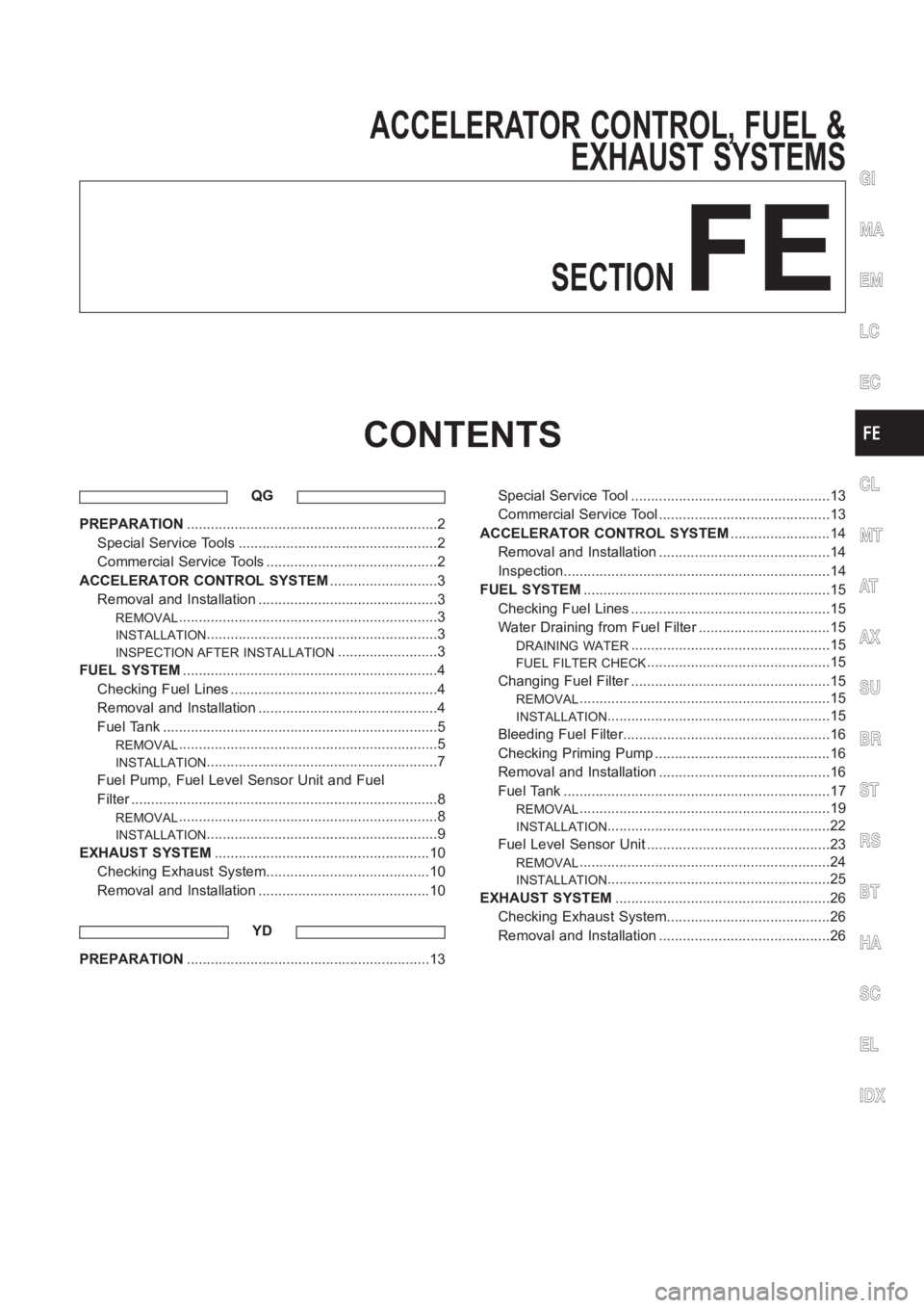 NISSAN ALMERA N16 2003  Electronic Repair Manual ACCELERATOR CONTROL, FUEL &
EXHAUST SYSTEMS
SECTION
FE
CONTENTS
QG
PREPARATION<0011001100110011001100110011001100110011001100110011001100110011001100110011001100110011001100110011001100110011001100110