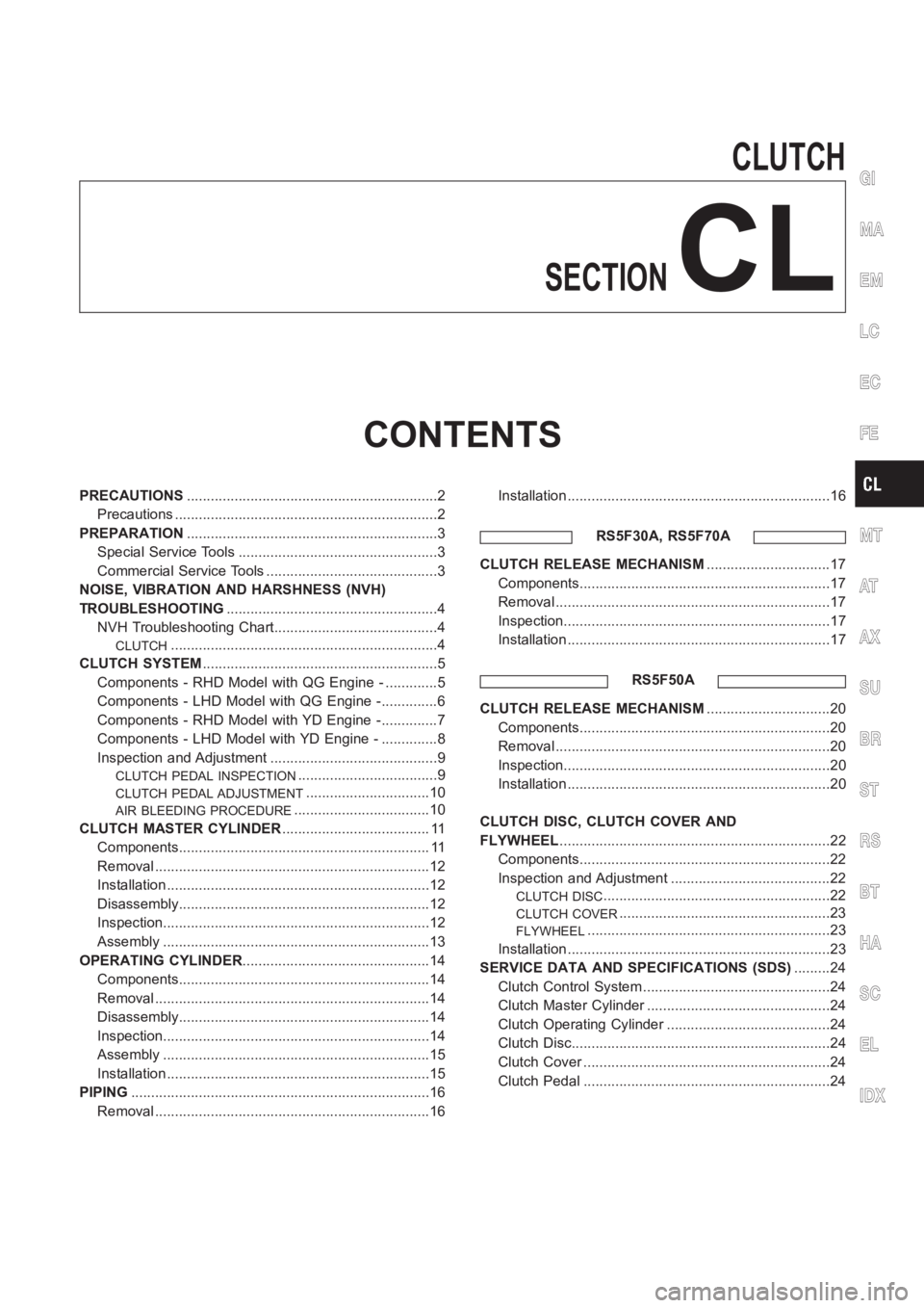 NISSAN ALMERA N16 2003  Electronic Repair Manual CLUTCH
SECTION
CL
CONTENTS
PRECAUTIONS<00110011001100110011001100110011001100110011001100110011001100110011001100110011001100110011001100110011001100110011001100110011001100110011001100110011001100110