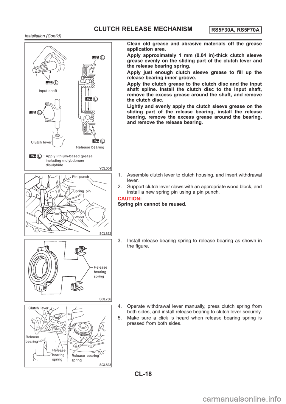 NISSAN ALMERA N16 2003  Electronic Repair Manual YCL004
Clean old grease and abrasive materials off the grease
application area.
Apply approximately 1 mm (0.04 in)-thick clutch sleeve
grease evenly on the sliding part of the clutch lever and
the rel
