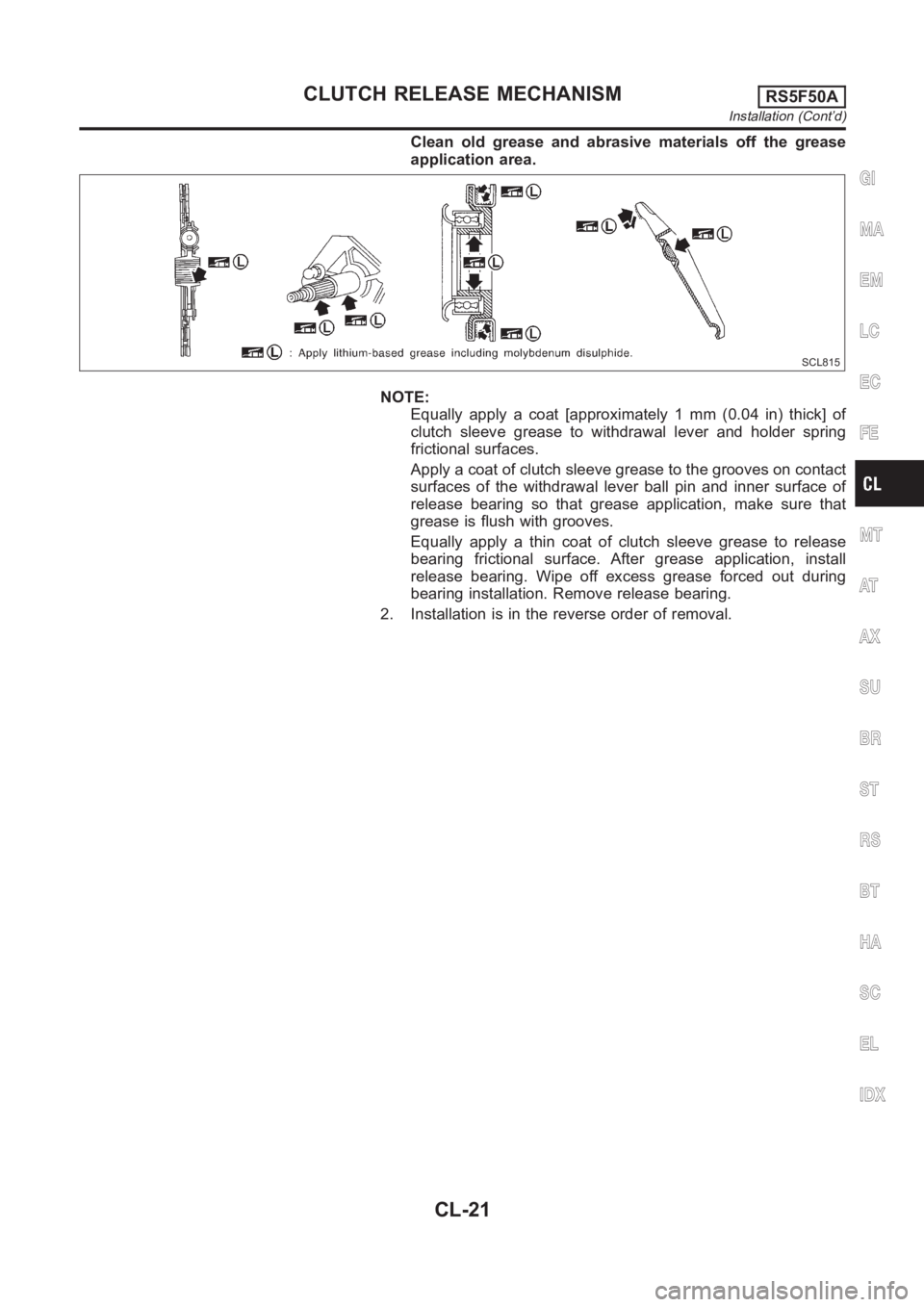 NISSAN ALMERA N16 2003  Electronic Repair Manual Clean old grease and abrasive materials off the grease
application area.
SCL815
NOTE:
Equally apply a coat [approximately 1 mm (0.04 in) thick] of
clutch sleeve grease to withdrawal lever and holder s