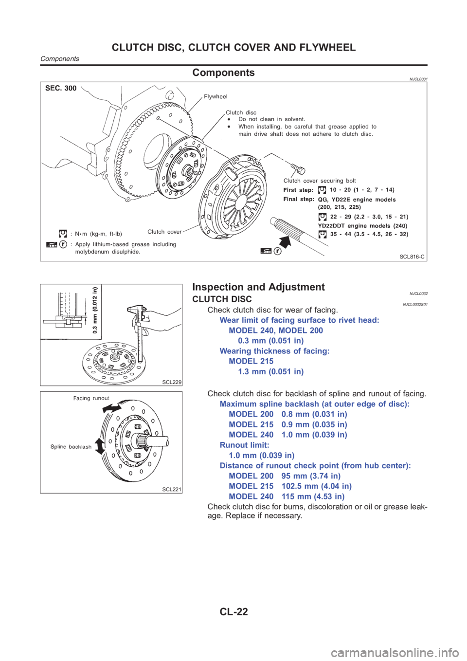 NISSAN ALMERA N16 2003  Electronic Repair Manual ComponentsNJCL0031
SCL816-C
SCL229
Inspection and AdjustmentNJCL0032CLUTCH DISCNJCL0032S01Check clutch disc for wear of facing.
Wear limit of facing surface to rivet head:
MODEL 240, MODEL 200
0.3 mm 