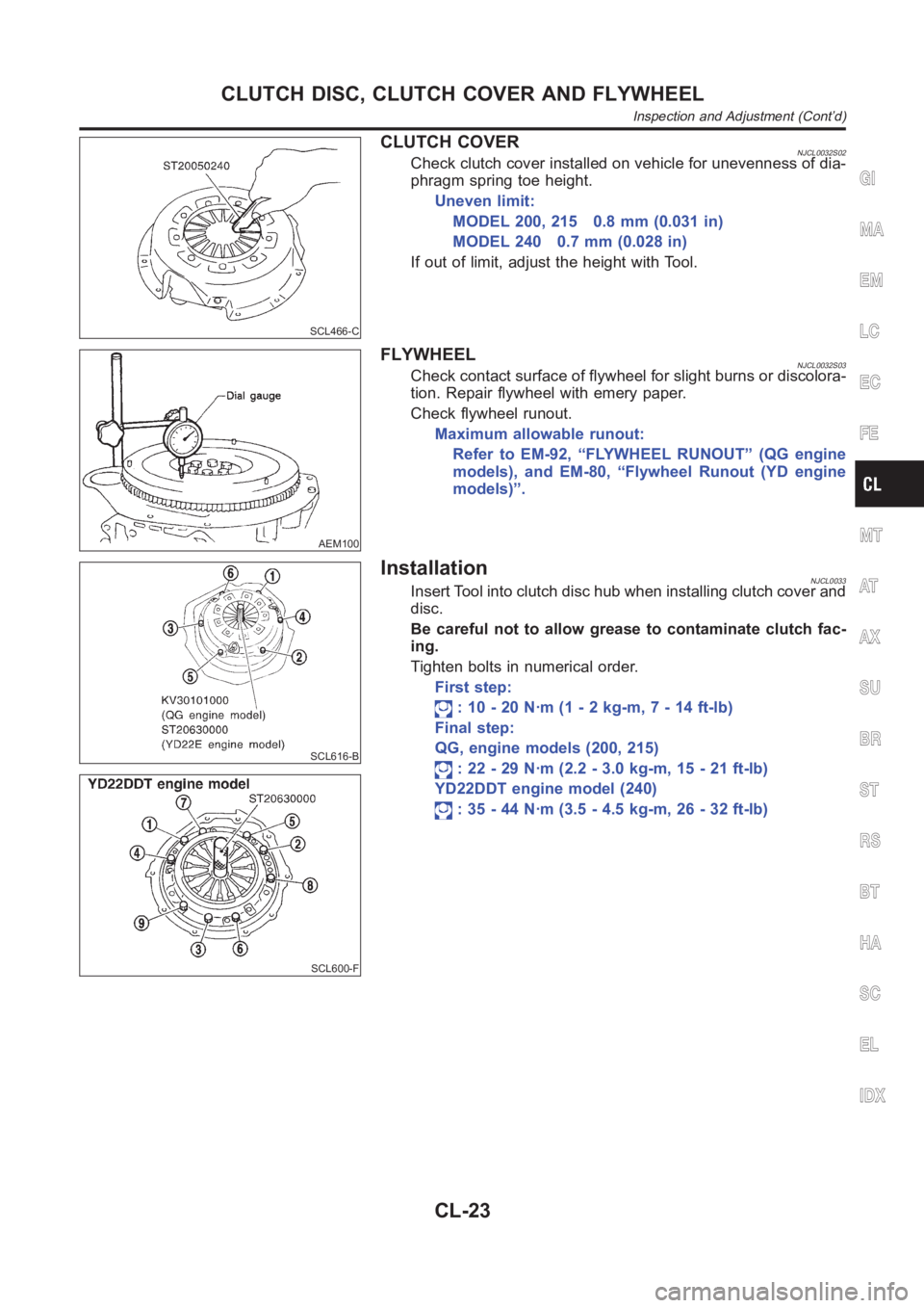 NISSAN ALMERA N16 2003  Electronic Repair Manual SCL466-C
CLUTCH COVERNJCL0032S02Check clutch cover installed on vehicle for unevenness of dia-
phragm spring toe height.
Uneven limit:
MODEL 200, 215 0.8 mm (0.031 in)
MODEL 240 0.7 mm (0.028 in)
If o