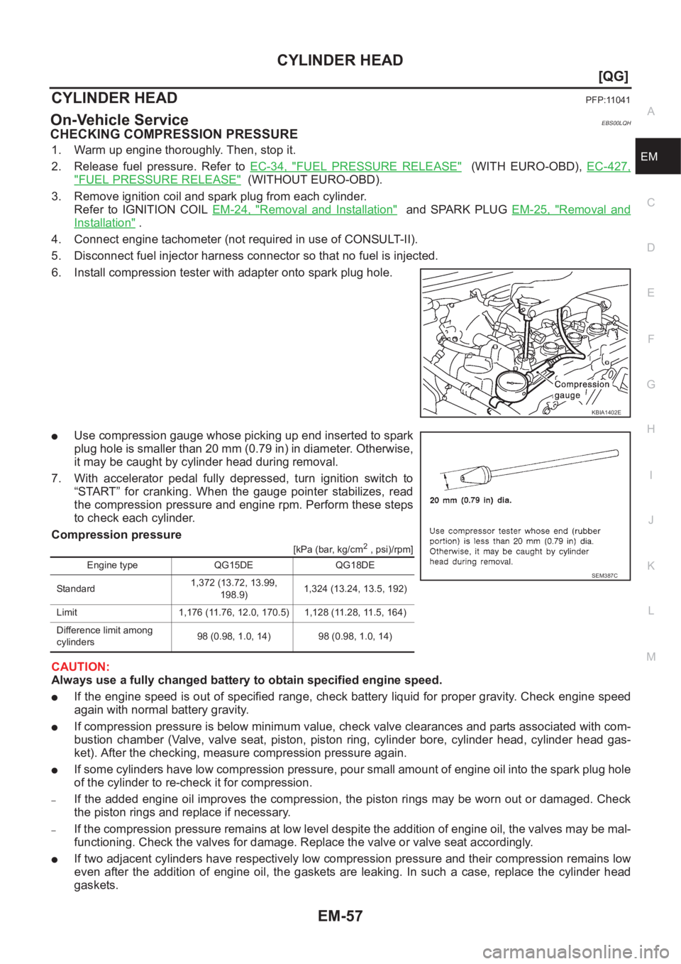 NISSAN ALMERA N16 2003  Electronic Repair Manual CYLINDER HEAD
EM-57
[QG]
C
D
E
F
G
H
I
J
K
L
MA
EM
CYLINDER HEADPFP:11041
On-Vehicle ServiceEBS00LQH
CHECKING COMPRESSION PRESSURE
1. Warm up engine thoroughly. Then, stop it.
2. Release  fuel  pressu