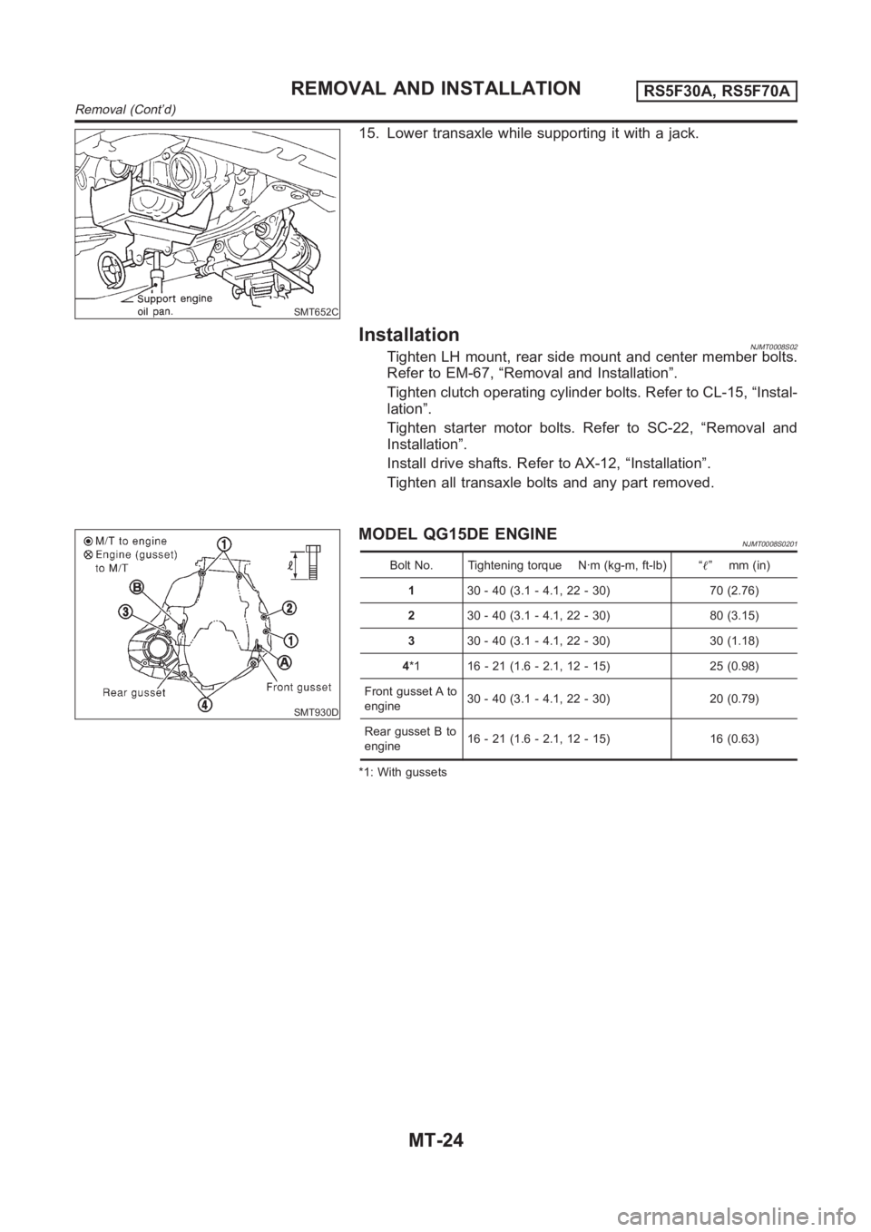 NISSAN ALMERA N16 2003  Electronic Repair Manual SMT652C
15. Lower transaxle while supporting it with a jack.
InstallationNJMT0008S02Tighten LH mount, rear side mount and center member bolts.
Refer to EM-67, “Removal and Installation”.
Tighten c