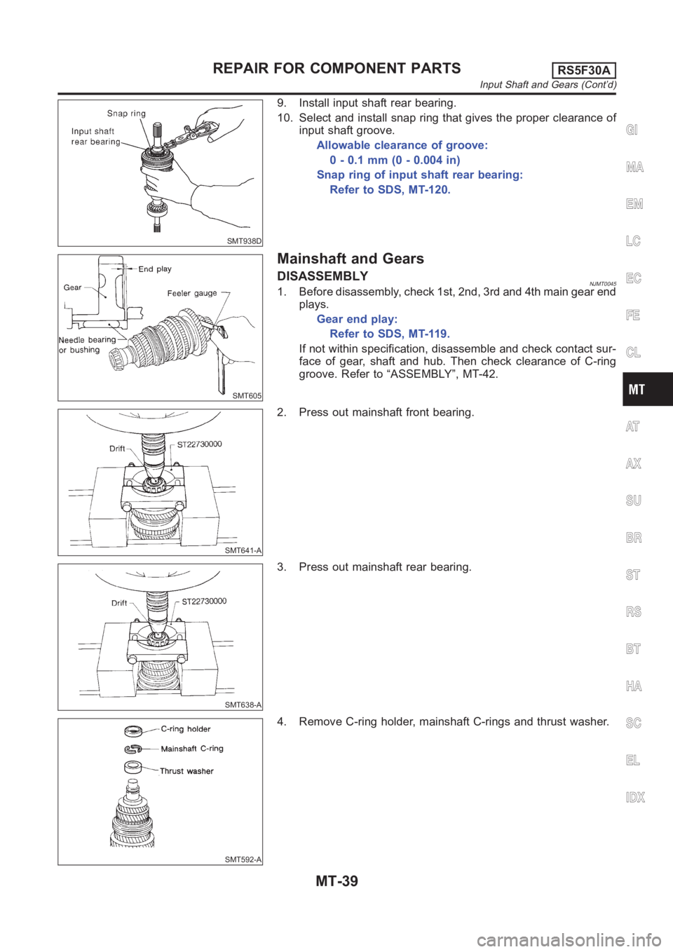 NISSAN ALMERA N16 2003  Electronic Repair Manual SMT938D
9. Install input shaft rear bearing.
10. Select and install snap ring that gives the proper clearance of
input shaft groove.
Allowable clearance of groove:
0-0.1mm(0-0.004in)
Snap ring of inpu