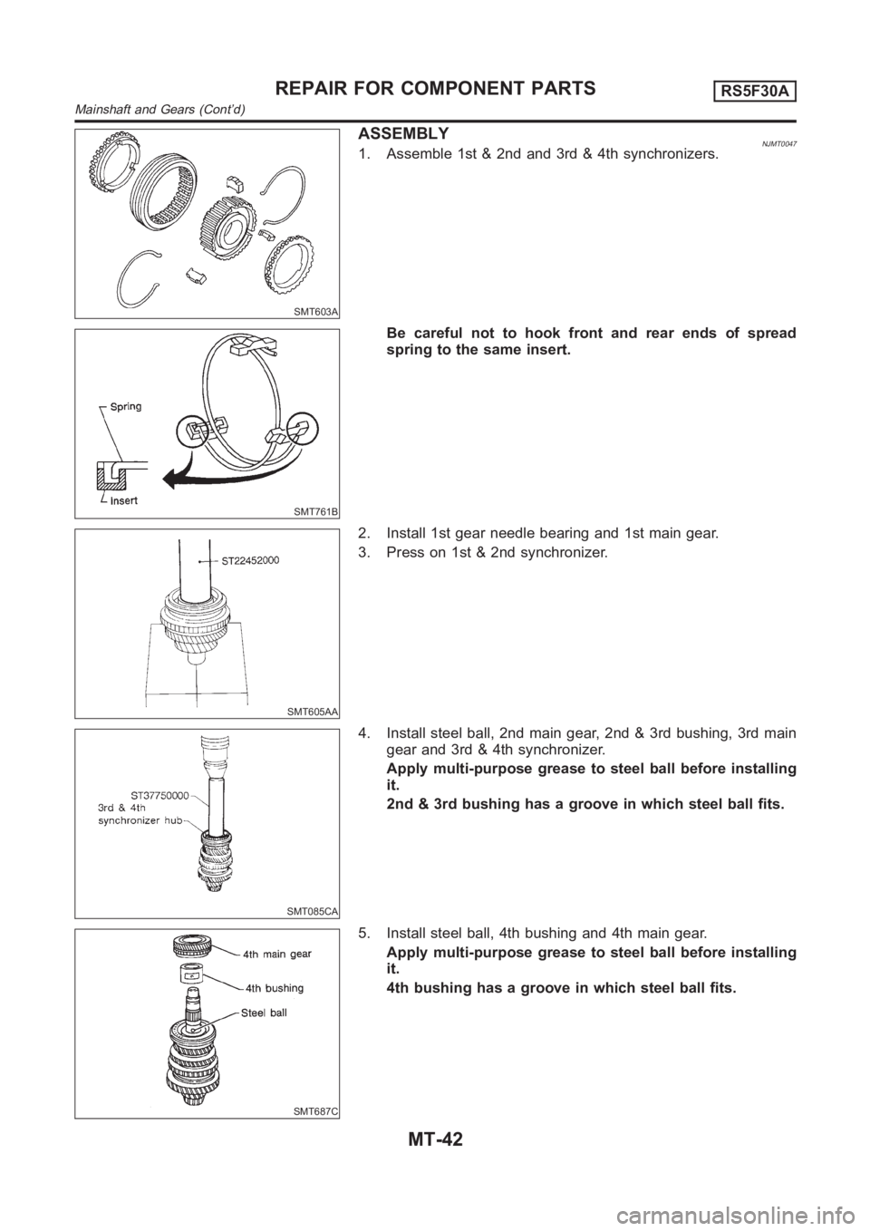 NISSAN ALMERA N16 2003  Electronic Repair Manual SMT603A
ASSEMBLYNJMT00471. Assemble 1st & 2nd and 3rd & 4th synchronizers.
SMT761B
Be careful not to hook front and rear ends of spread
spring to the same insert.
SMT605AA
2. Install 1st gear needle b
