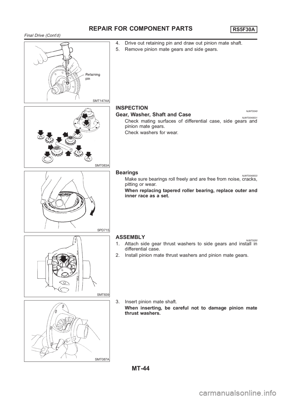NISSAN ALMERA N16 2003  Electronic Repair Manual SMT147AA
4. Drive out retaining pin and draw out pinion mate shaft.
5. Remove pinion mate gears and side gears.
SMT083A
INSPECTIONNJMT0049Gear, Washer, Shaft and CaseNJMT0049S01Check mating surfaces o