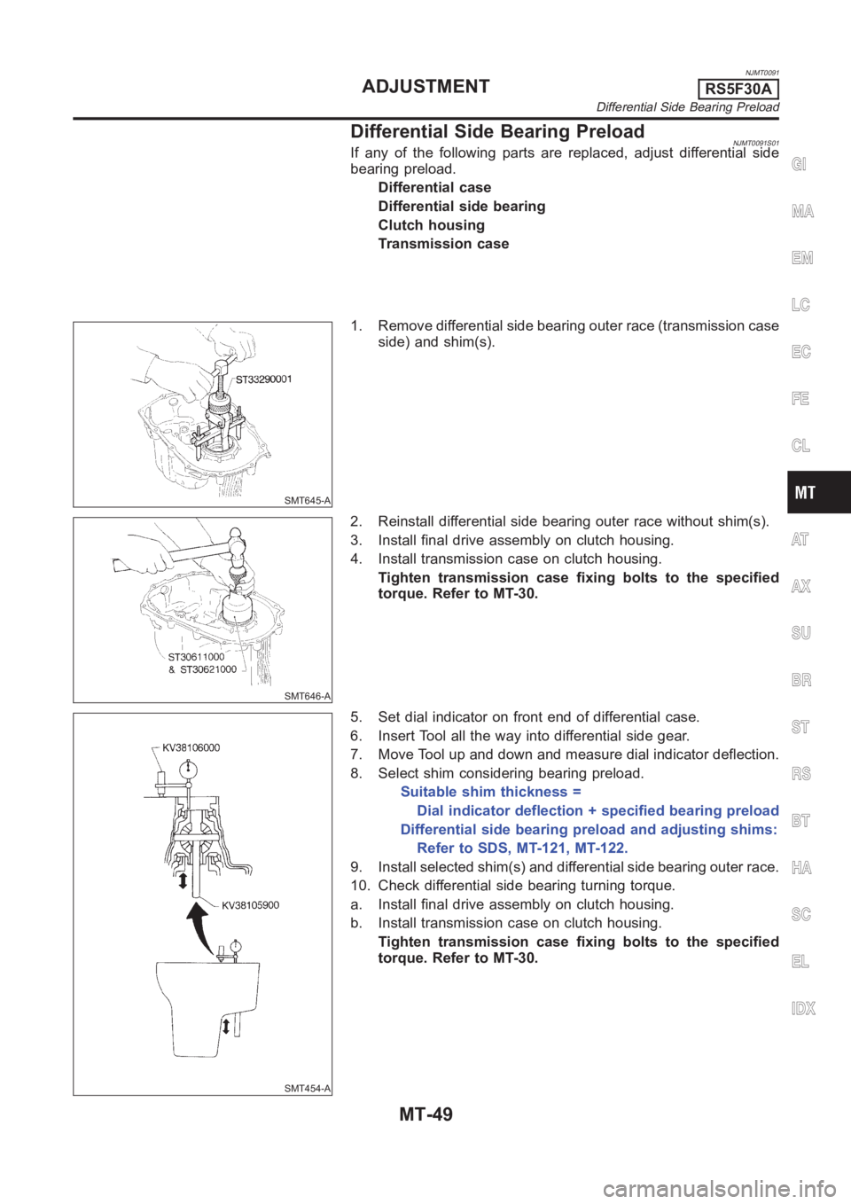 NISSAN ALMERA N16 2003  Electronic Repair Manual NJMT0091
Differential Side Bearing PreloadNJMT0091S01If any of the following parts are replaced, adjust differential side
bearing preload.
Differential case
Differential side bearing
Clutch housing
Tr