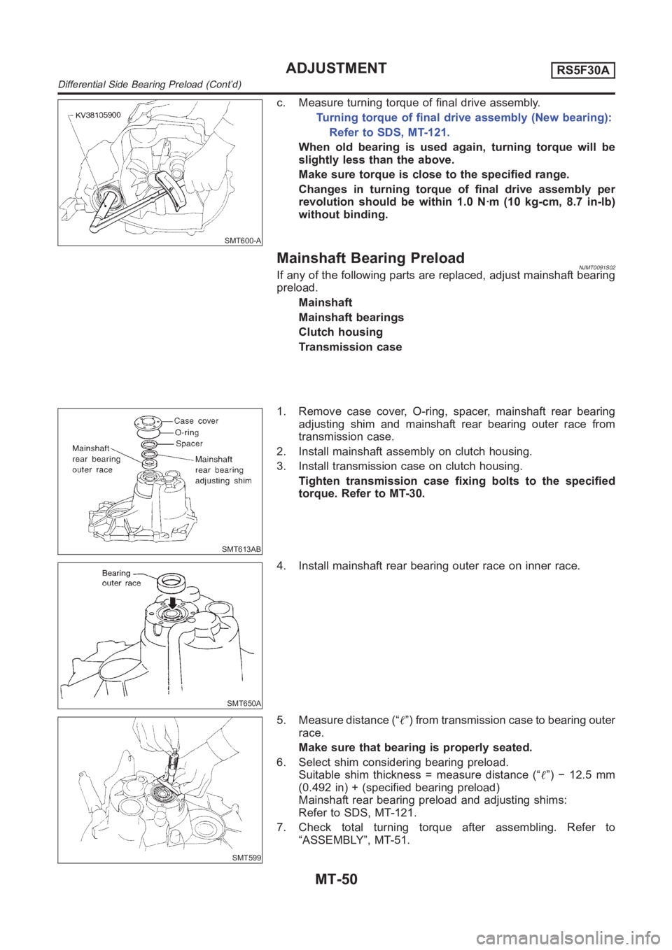 NISSAN ALMERA N16 2003  Electronic Repair Manual SMT600-A
c. Measure turning torque of final drive assembly.
Turning torque of final drive assembly (New bearing):
Refer to SDS, MT-121.
When old bearing is used again, turning torque will be
slightly 