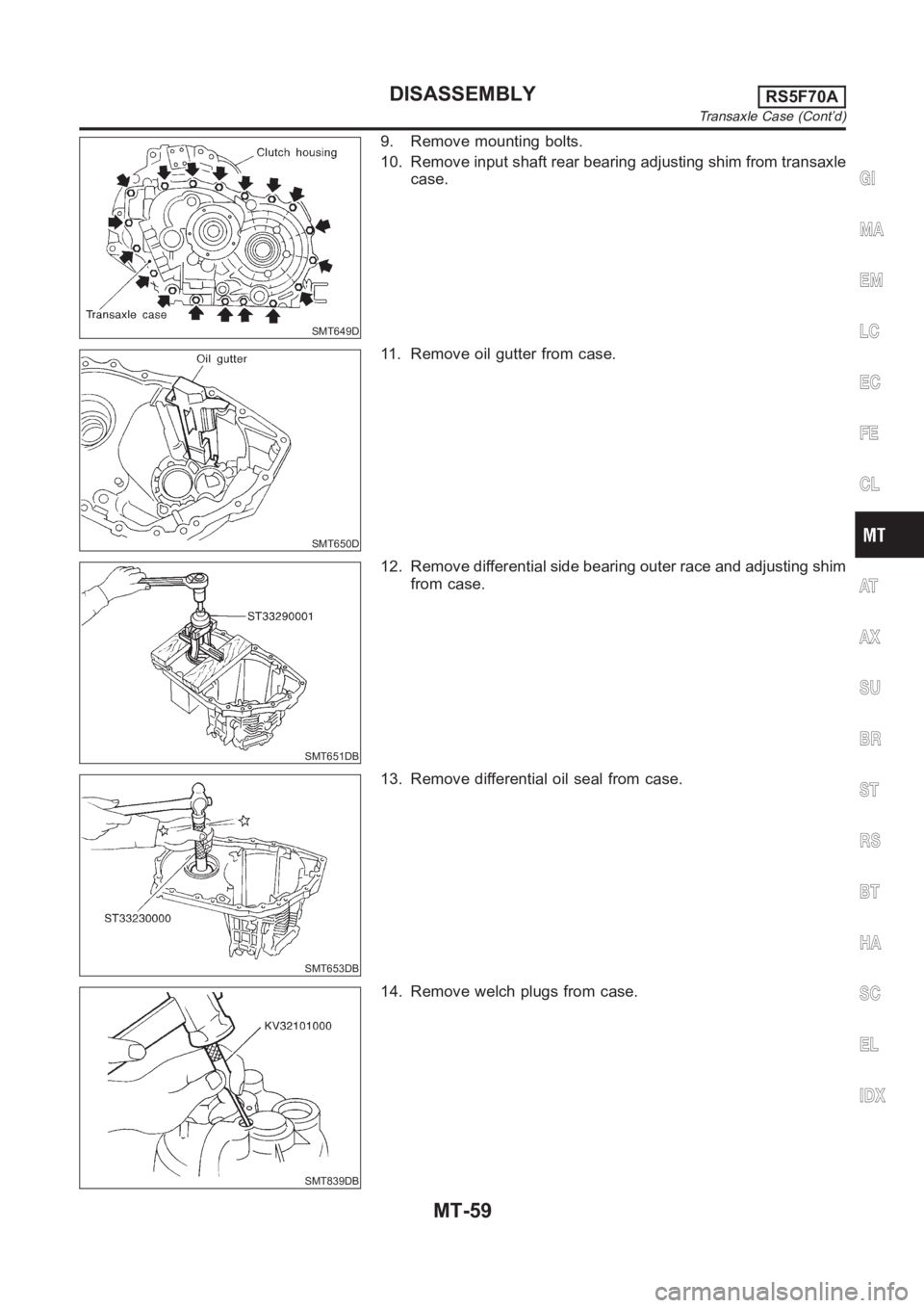 NISSAN ALMERA N16 2003  Electronic Repair Manual SMT649D
9. Remove mounting bolts.
10. Remove input shaft rear bearing adjusting shim from transaxle
case.
SMT650D
11. Remove oil gutter from case.
SMT651DB
12. Remove differential side bearing outer r
