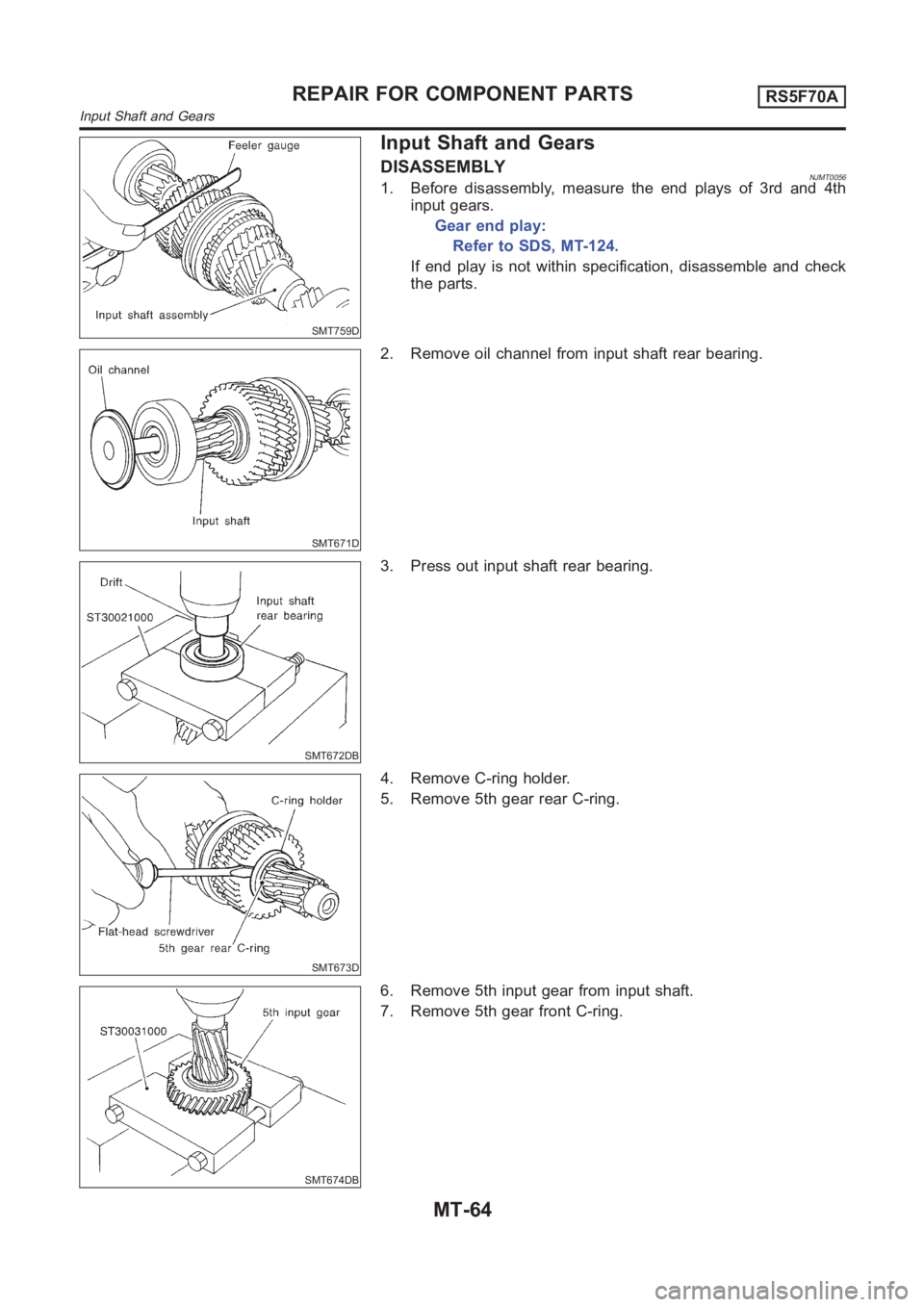 NISSAN ALMERA N16 2003  Electronic Repair Manual SMT759D
Input Shaft and Gears
DISASSEMBLYNJMT00561. Before disassembly, measure the end plays of 3rd and 4th
input gears.
Gear end play:
Refer to SDS, MT-124.
If end play is not within specification, 