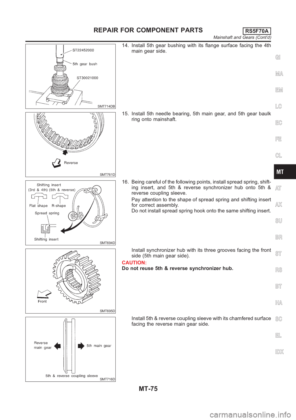 NISSAN ALMERA N16 2003  Electronic Repair Manual SMT714DB
14. Install 5th gear bushing with its flange surface facing the 4th
main gear side.
SMT761D
15. Install 5th needle bearing, 5th main gear, and 5th gear baulk
ring onto mainshaft.
SMT694D
16. 