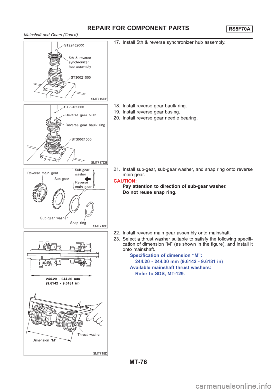 NISSAN ALMERA N16 2003  Electronic Repair Manual SMT715DB
17. Install 5th & reverse synchronizer hub assembly.
SMT717DB
18. Install reverse gear baulk ring.
19. Install reverse gear busing.
20. Install reverse gear needle bearing.
SMT718D
21. Instal