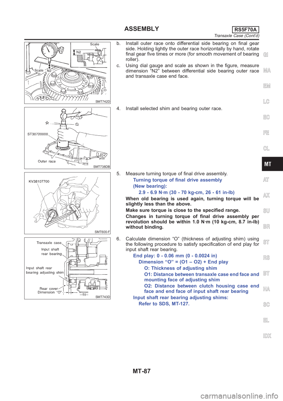 NISSAN ALMERA N16 2003 Electronic Repair Manual SMT742D
b. Install outer race onto differential side bearing on final gear
side. Holding lightly the outer race horizontally by hand, rotate
final gear five times or more (for smooth movement of beari NISSAN ALMERA N16 2003 Electronic Repair Manual SMT742D
b. Install outer race onto differential side bearing on final gear
side. Holding lightly the outer race horizontally by hand, rotate
final gear five times or more (for smooth movement of beari