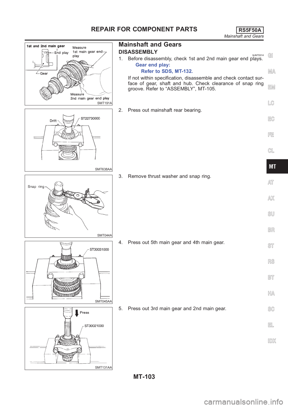 NISSAN ALMERA N16 2003  Electronic Repair Manual SMT191A
Mainshaft and Gears
DISASSEMBLYNJMT00141. Before disassembly, check 1st and 2nd main gear end plays.
Gear end play:
Refer to SDS, MT-132.
If not within specification, disassemble and check con