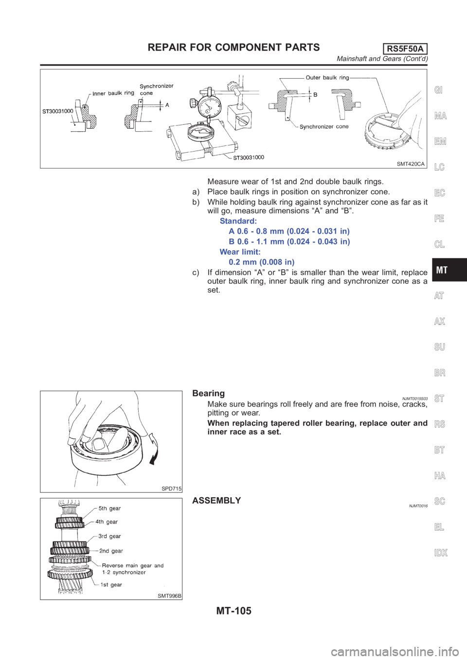 NISSAN ALMERA N16 2003  Electronic Repair Manual SMT420CA
Measure wear of 1st and 2nd double baulk rings.
a) Place baulk rings in position on synchronizer cone.
b) While holding baulk ring against synchronizer cone as far as it
will go, measure dime