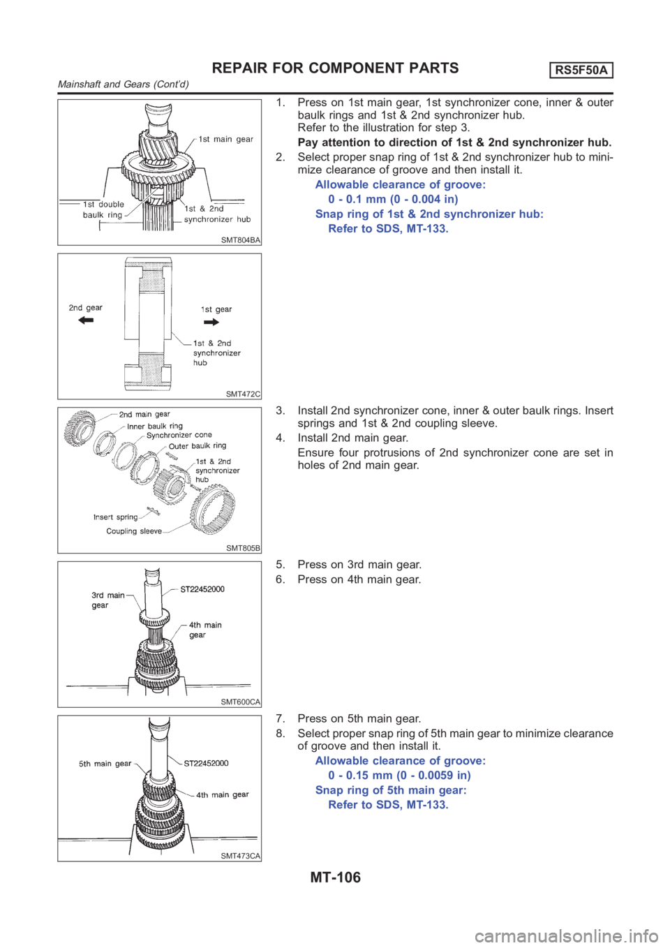 NISSAN ALMERA N16 2003 Electronic Repair Manual SMT804BA
SMT472C
1. Press on 1st main gear, 1st synchronizer cone, inner & outer
baulk rings and 1st & 2nd synchronizer hub.
Refer to the illustration for step 3.
Pay attention to direction of 1st & 2 NISSAN ALMERA N16 2003 Electronic Repair Manual SMT804BA
SMT472C
1. Press on 1st main gear, 1st synchronizer cone, inner & outer
baulk rings and 1st & 2nd synchronizer hub.
Refer to the illustration for step 3.
Pay attention to direction of 1st & 2