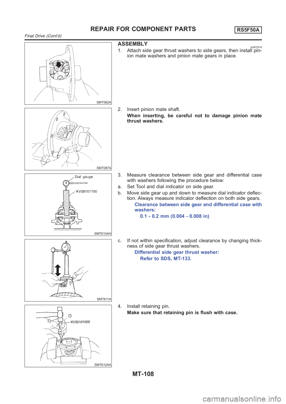 NISSAN ALMERA N16 2003  Electronic Repair Manual SMT062A
ASSEMBLYNJMT00191. Attach side gear thrust washers to side gears, then install pin-
ion mate washers and pinion mate gears in place.
SMT087A
2. Insert pinion mate shaft.
When inserting, be car