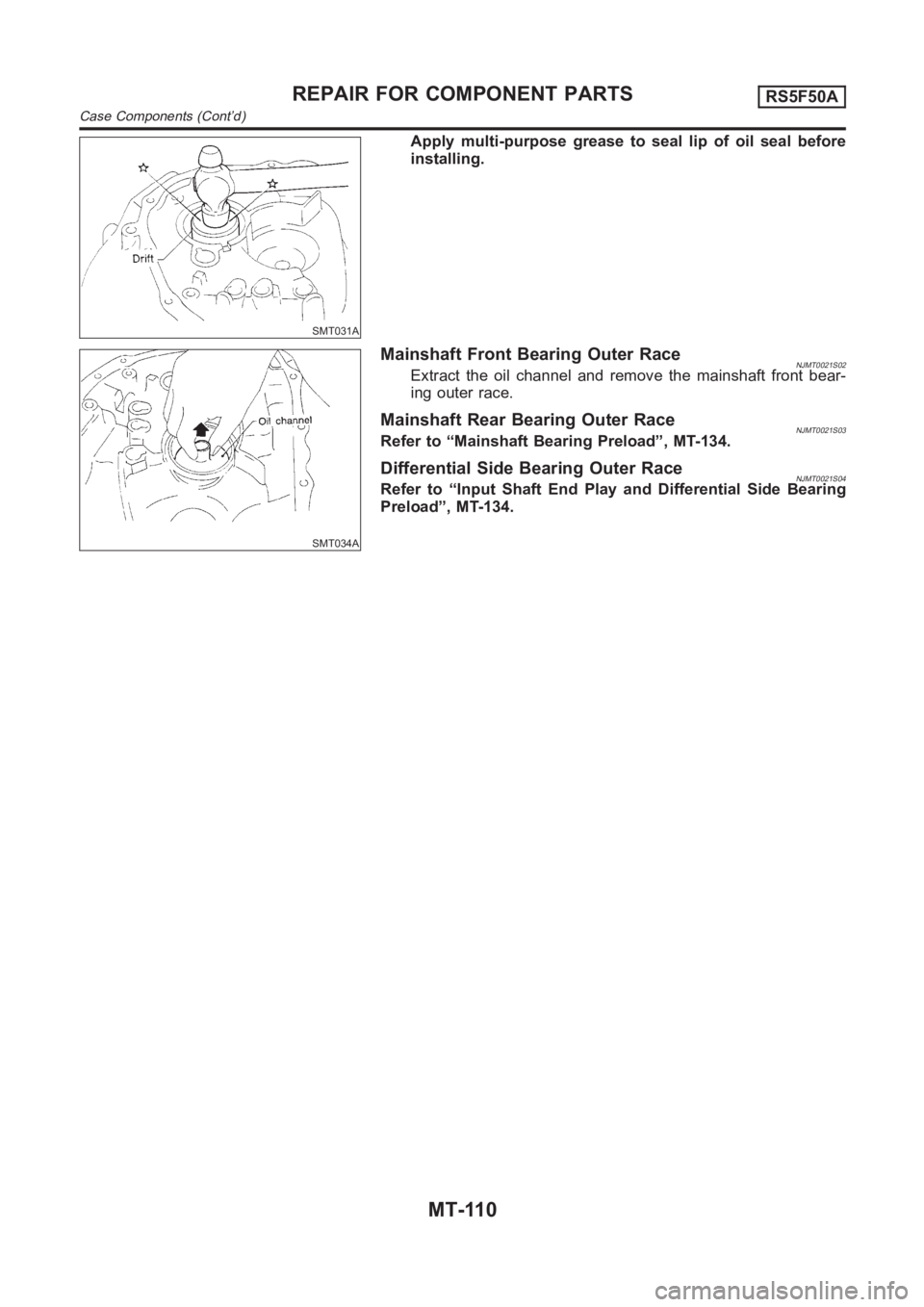 NISSAN ALMERA N16 2003  Electronic Repair Manual SMT031A
Apply multi-purpose grease to seal lip of oil seal before
installing.
SMT034A
Mainshaft Front Bearing Outer RaceNJMT0021S02Extract the oil channel and remove the mainshaft front bear-
ing oute