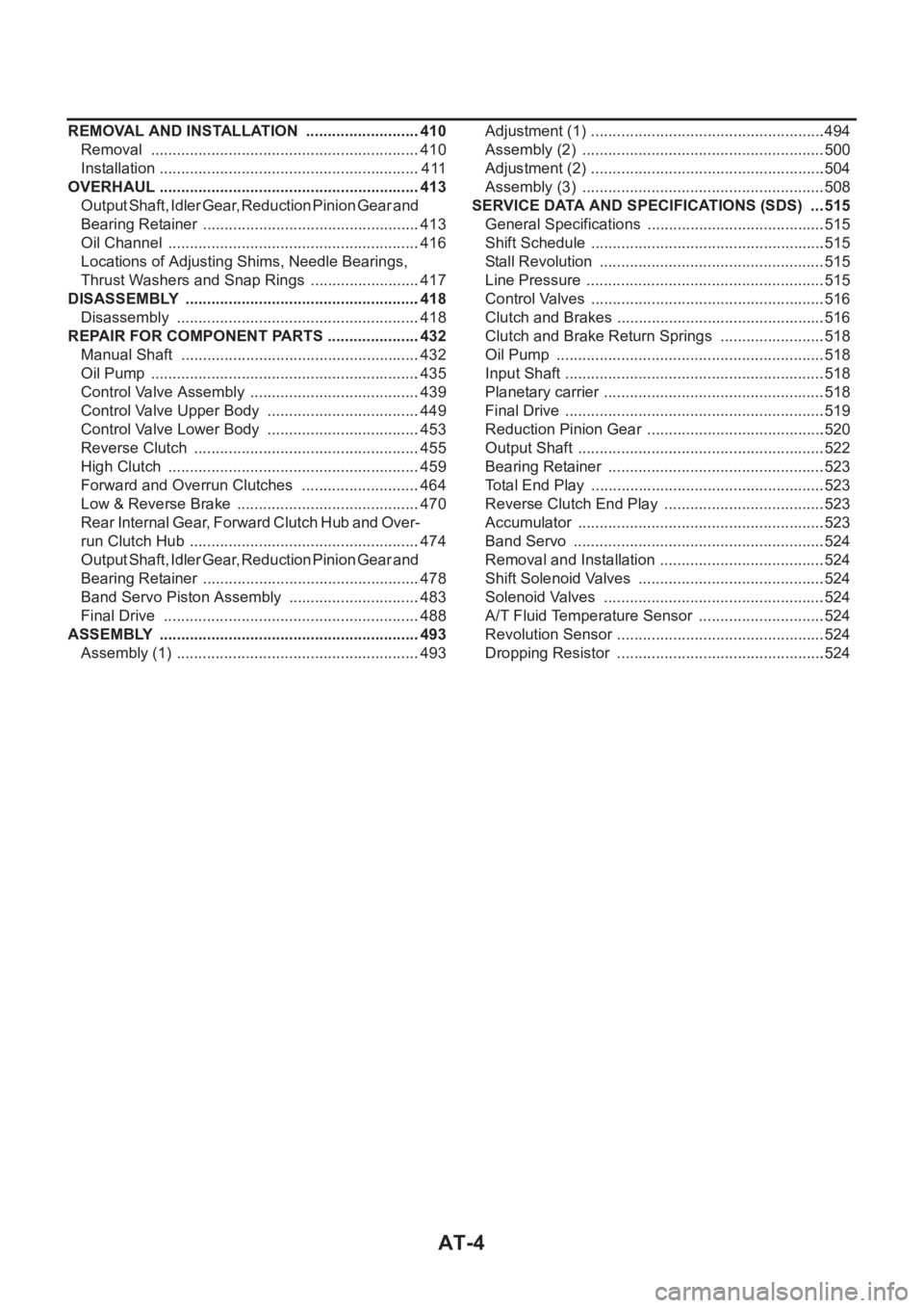 NISSAN ALMERA N16 2003 Electronic Repair Manual AT-4
REMOVAL AND INSTALLATION ...........................410
Removal ...............................................................410
Installation ................................................. NISSAN ALMERA N16 2003 Electronic Repair Manual AT-4
REMOVAL AND INSTALLATION ...........................410
Removal ...............................................................410
Installation .................................................