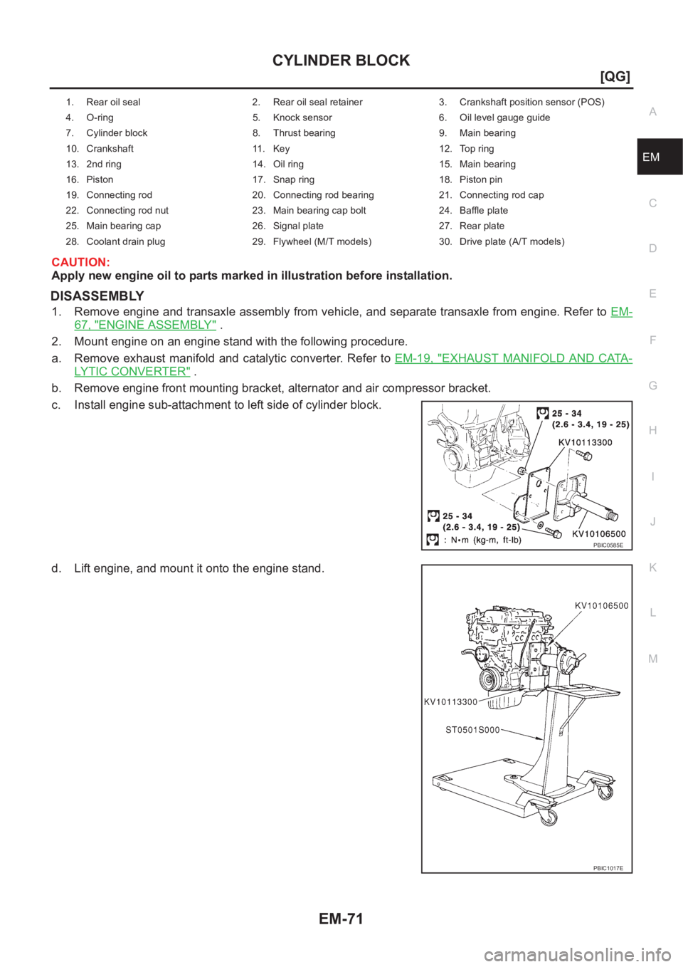 NISSAN ALMERA N16 2003  Electronic Repair Manual CYLINDER BLOCK
EM-71
[QG]
C
D
E
F
G
H
I
J
K
L
MA
EM
CAUTION:
Apply new engine oil to parts marked in illustration before installation.
DISASSEMBLY
1. Remove engine and transaxle assembly from vehicle,
