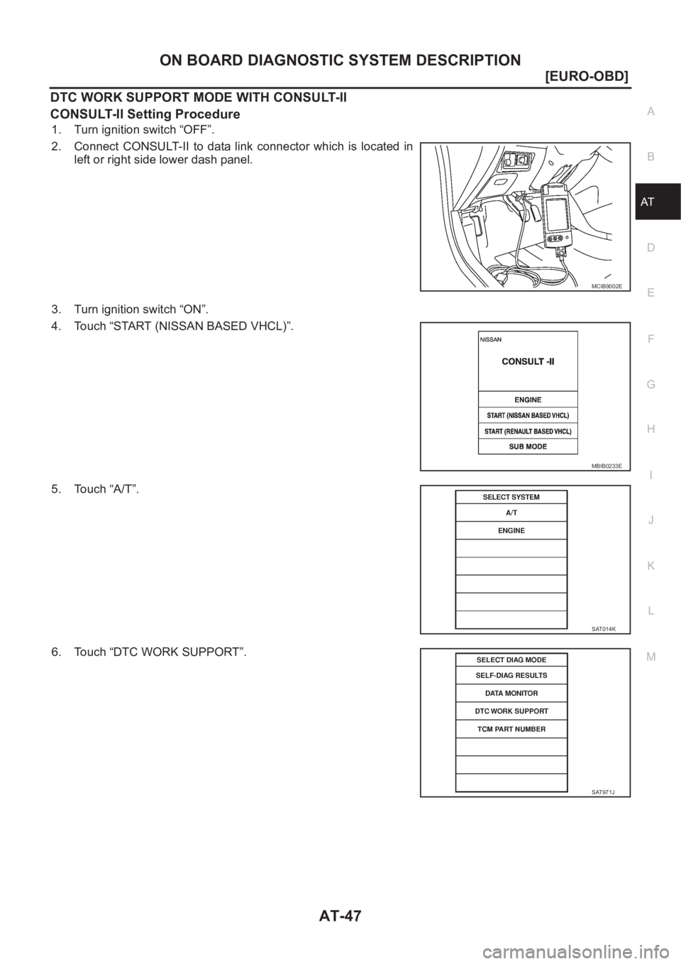 NISSAN ALMERA N16 2003  Electronic Repair Manual ON BOARD DIAGNOSTIC SYSTEM DESCRIPTION
AT-47
[EURO-OBD]
D
E
F
G
H
I
J
K
L
MA
B
AT
DTC WORK SUPPORT MODE WITH CONSULT-II
CONSULT-II Setting Procedure
1. Turn ignition switch “OFF”.
2. Connect  CONS