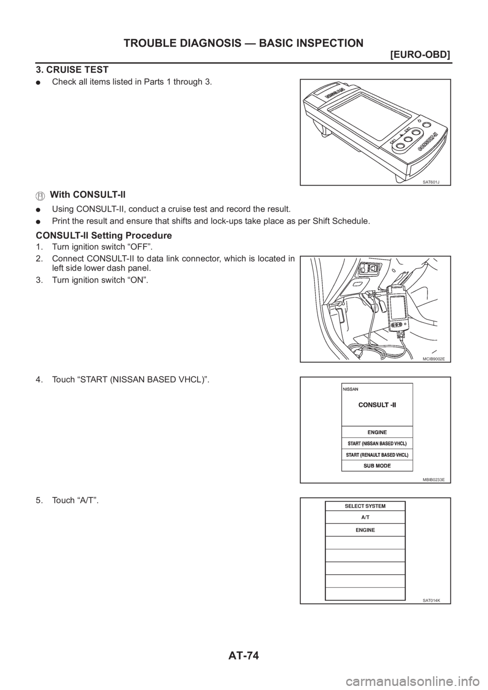 NISSAN ALMERA N16 2003  Electronic Repair Manual AT-74
[EURO-OBD]
TROUBLE DIAGNOSIS — BASIC INSPECTION
3. CRUISE TEST
●Check all items listed in Parts 1 through 3.
 With CONSULT-II
●Using CONSULT-II, conduct a cruise test and record the result