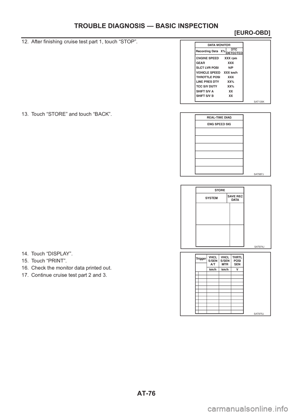 NISSAN ALMERA N16 2003  Electronic Repair Manual AT-76
[EURO-OBD]
TROUBLE DIAGNOSIS — BASIC INSPECTION
12. After finishing cruise test part 1, touch “STOP”.
13. Touch “STORE” and touch “BACK”.
14. Touch “DISPLAY”.
15. Touch “PRIN