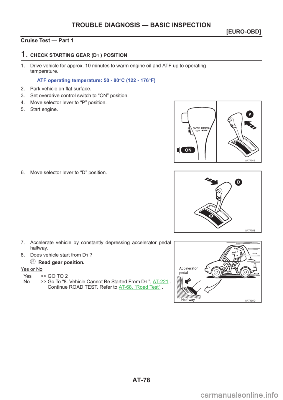 NISSAN ALMERA N16 2003  Electronic Repair Manual AT-78
[EURO-OBD]
TROUBLE DIAGNOSIS — BASIC INSPECTION
Cruise Test — Part 1
1. CHECK STARTING GEAR (D1 ) POSITION
1. Drive vehicle for approx. 10 minutes to warm engine oil and ATF up to operating
