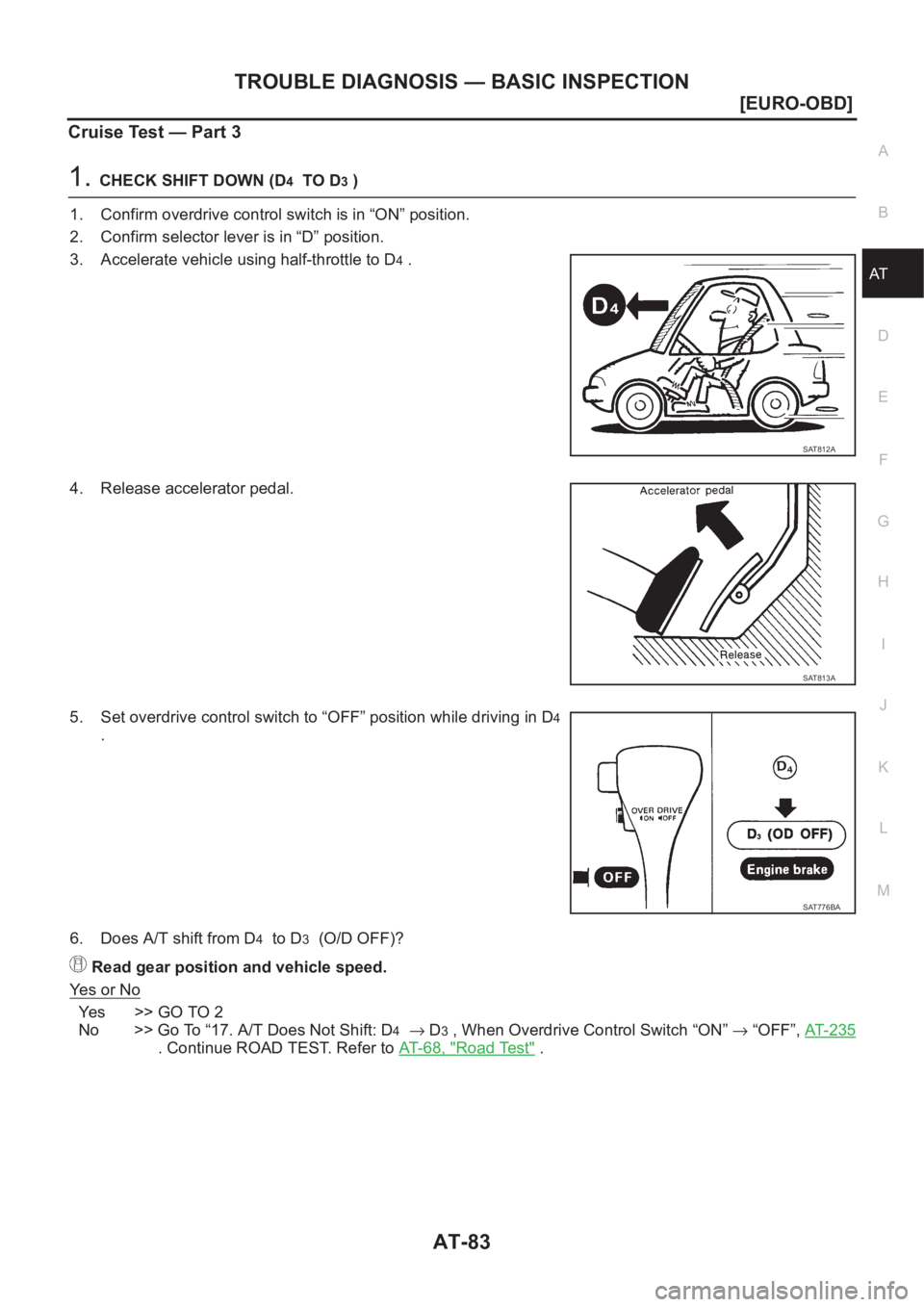 NISSAN ALMERA N16 2003  Electronic Repair Manual TROUBLE DIAGNOSIS — BASIC INSPECTION
AT-83
[EURO-OBD]
D
E
F
G
H
I
J
K
L
MA
B
AT
Cruise Test — Part 3
1.CHECK SHIFT DOWN (D4  TO D3 )
1. Confirm overdrive control switch is in “ON” position.
2.