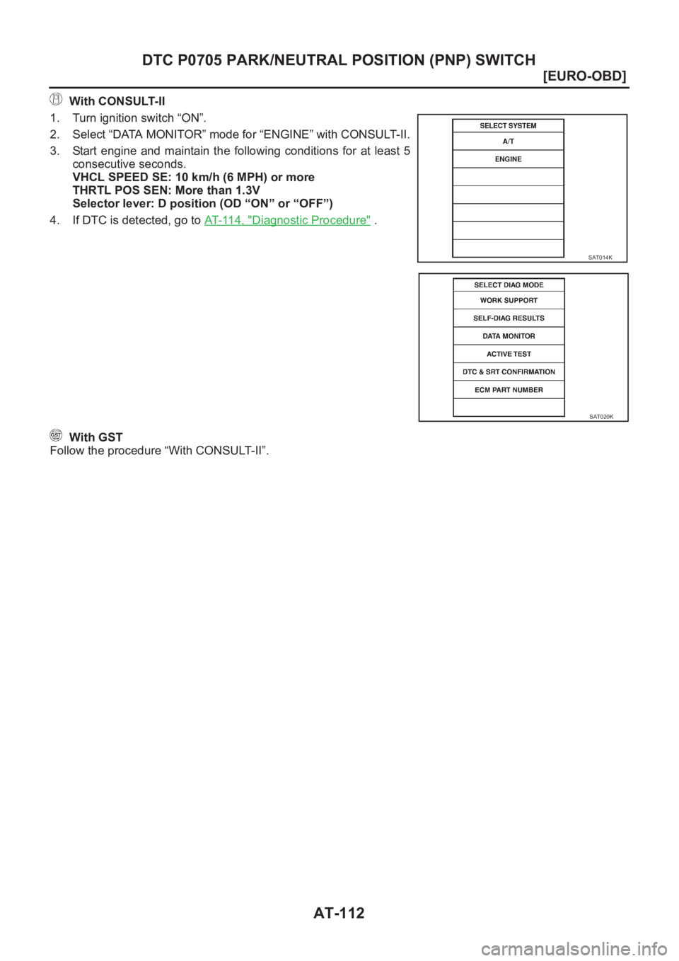 NISSAN ALMERA N16 2003  Electronic Repair Manual AT-112
[EURO-OBD]
DTC P0705 PARK/NEUTRAL POSITION (PNP) SWITCH
 With CONSULT-II
1. Turn ignition switch “ON”.
2. Select “DATA MONITOR” mode for “ENGINE” with CONSULT-II.
3. Start  engine  