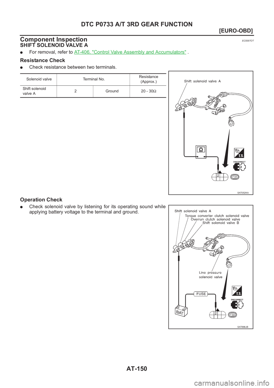 NISSAN ALMERA N16 2003  Electronic Repair Manual AT-150
[EURO-OBD]
DTC P0733 A/T 3RD GEAR FUNCTION
Component Inspection
ECS007OT
SHIFT SOLENOID VALVE A
●For removal, refer to AT-406, "Control Valve Assembly and Accumulators" .
Resistance C