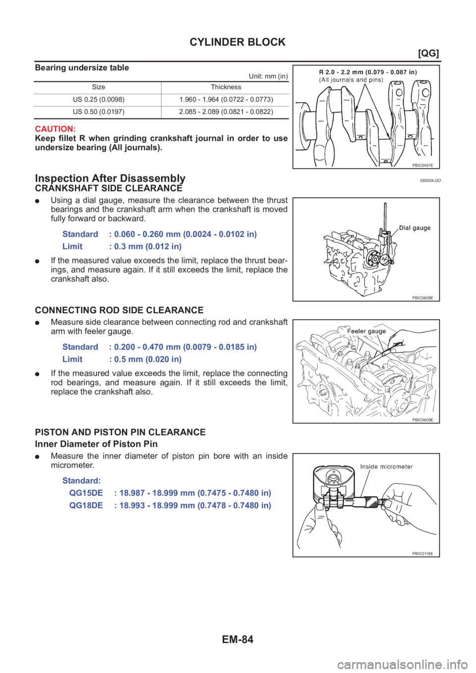 NISSAN ALMERA N16 2003  Electronic Repair Manual EM-84
[QG]
CYLINDER BLOCK
Bearing undersize table
Unit: mm (in)
CAUTION:
Keep  fillet  R  when  grinding  crankshaft  journal  in  order  to  use
undersize bearing (All journals).
Inspection After Dis
