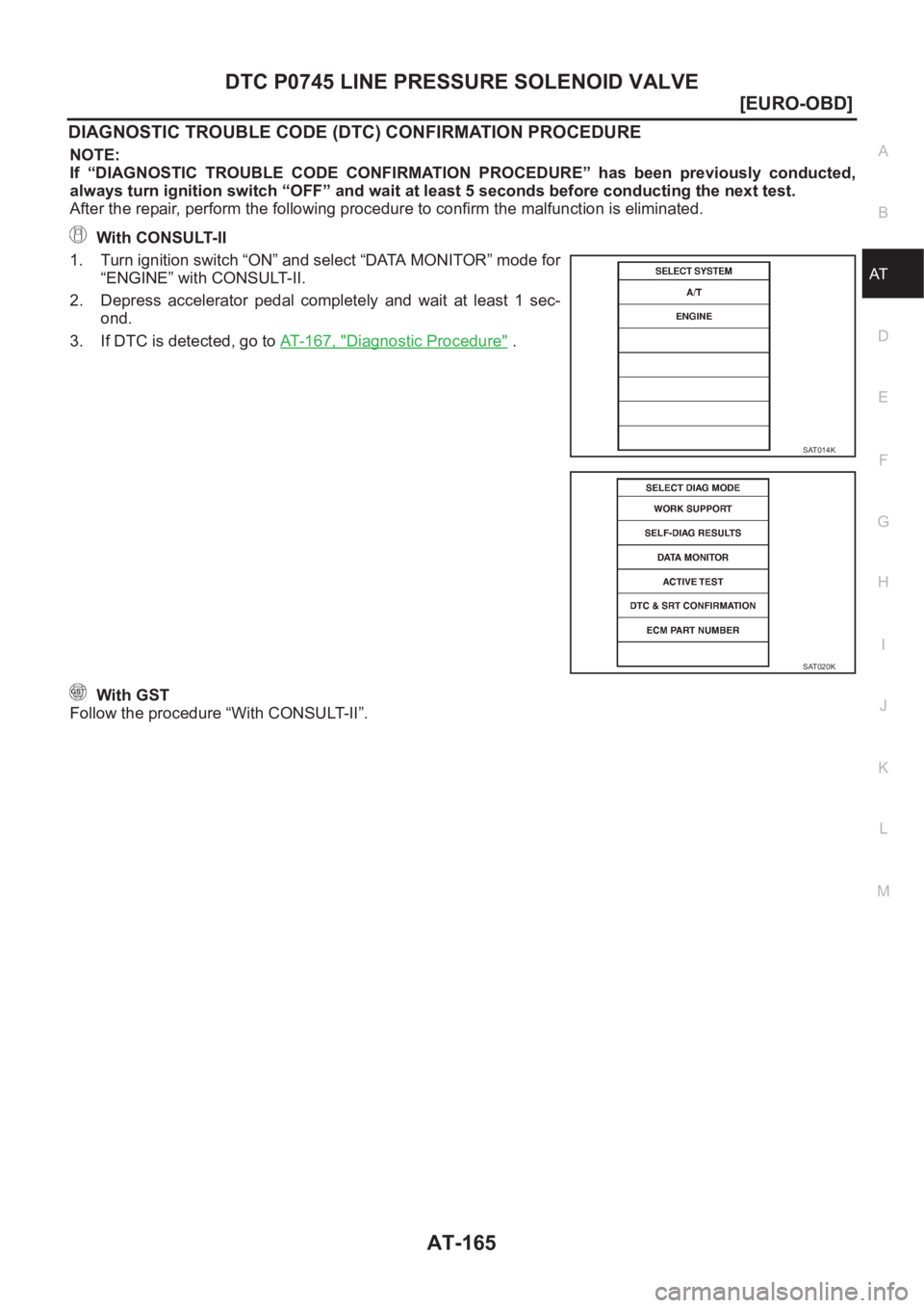 NISSAN ALMERA N16 2003  Electronic Repair Manual DTC P0745 LINE PRESSURE SOLENOID VALVE
AT-165
[EURO-OBD]
D
E
F
G
H
I
J
K
L
MA
B
AT
DIAGNOSTIC TROUBLE CODE (DTC) CONFIRMATION PROCEDURE
NOTE:
If  “DIAGNOSTIC  TROUBLE  CODE  CONFIRMATION  PROCEDURE