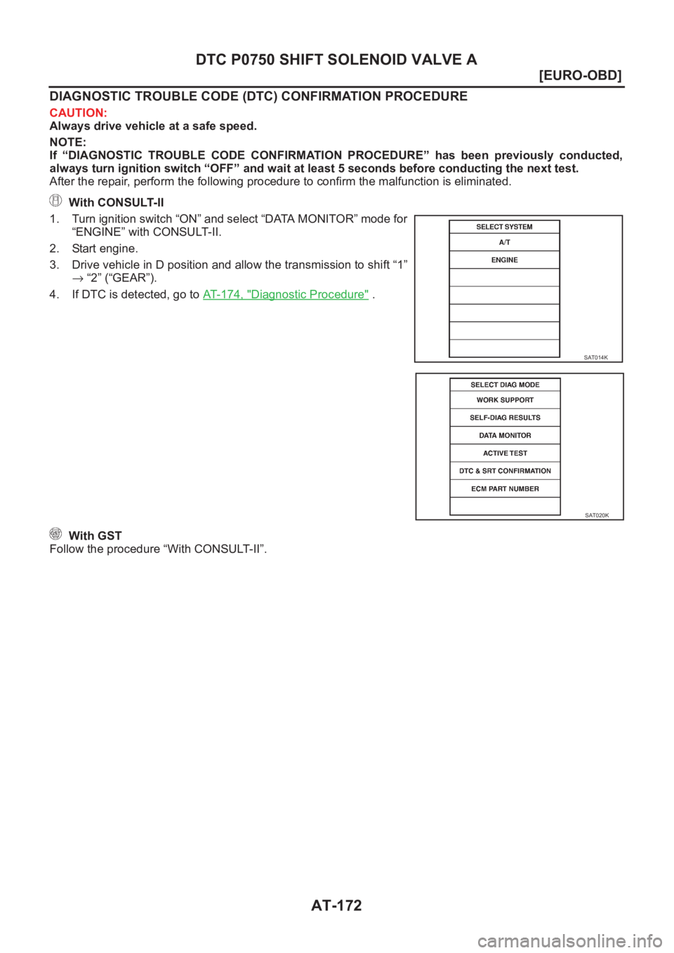 NISSAN ALMERA N16 2003  Electronic Repair Manual AT-172
[EURO-OBD]
DTC P0750 SHIFT SOLENOID VALVE A
DIAGNOSTIC TROUBLE CODE (DTC) CONFIRMATION PROCEDURE
CAUTION:
Always drive vehicle at a safe speed.
NOTE:
If  “DIAGNOSTIC  TROUBLE  CODE  CONFIRMAT