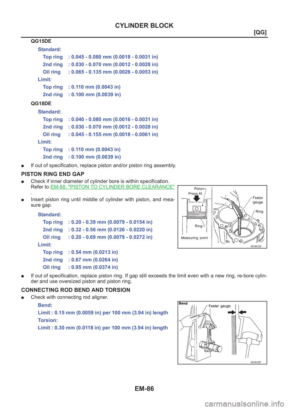 NISSAN ALMERA N16 2003  Electronic Repair Manual EM-86
[QG]
CYLINDER BLOCK
QG15DE
QG18DE
●If out of specification, replace piston and/or piston ring assembly.
PISTON RING END GAP
●Check if inner diameter of cylinder bore is within specification.