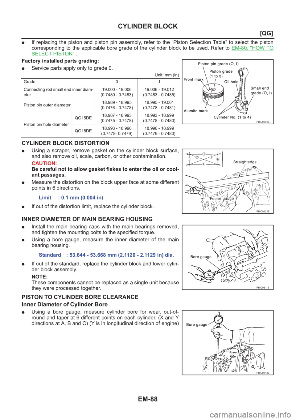 NISSAN ALMERA N16 2003  Electronic Repair Manual EM-88
[QG]
CYLINDER BLOCK
●If  replacing  the  piston  and  piston  pin  assembly,  refer  to  the  “Piston  Selection  Table”  to  select  the  piston
corresponding  to  the  applicable  bore  