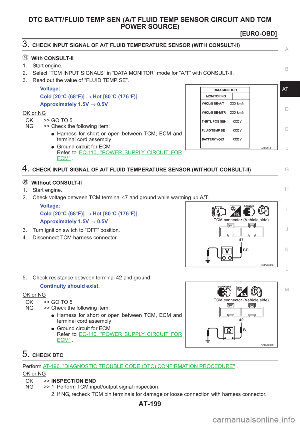NISSAN ALMERA N16 2003  Electronic Repair Manual DTC BATT/FLUID TEMP SEN (A/T FLUID TEMP SENSOR CIRCUIT AND TCM 
POWER SOURCE)
AT-199
[EURO-OBD]
D
E
F
G
H
I
J
K
L
MA
B
AT
3.CHECK INPUT SIGNAL OF A/T FLUID TEMPERATURE SENSOR (WITH CONSULT-II)
With CO