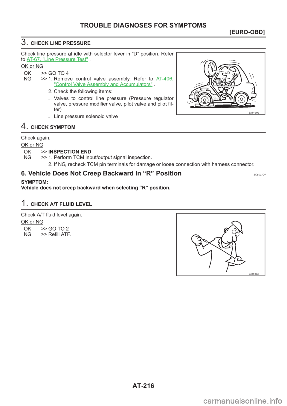 NISSAN ALMERA N16 2003  Electronic Repair Manual AT-216
[EURO-OBD]
TROUBLE DIAGNOSES FOR SYMPTOMS
3. CHECK LINE PRESSURE
Check  line  pressure  at  idle  with  selector  lever  in  “D”  position.  Refer
to AT-67, "
Line Pressure Test" .
