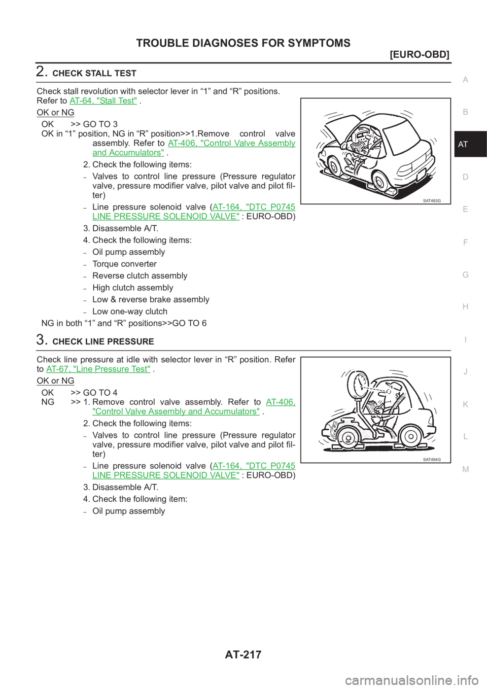 NISSAN ALMERA N16 2003  Electronic Repair Manual TROUBLE DIAGNOSES FOR SYMPTOMS
AT-217
[EURO-OBD]
D
E
F
G
H
I
J
K
L
MA
B
AT
2.CHECK STALL TEST
Check stall revolution with selector lever in “1” and “R” positions.
Refer to AT-64, "
Sta ll 