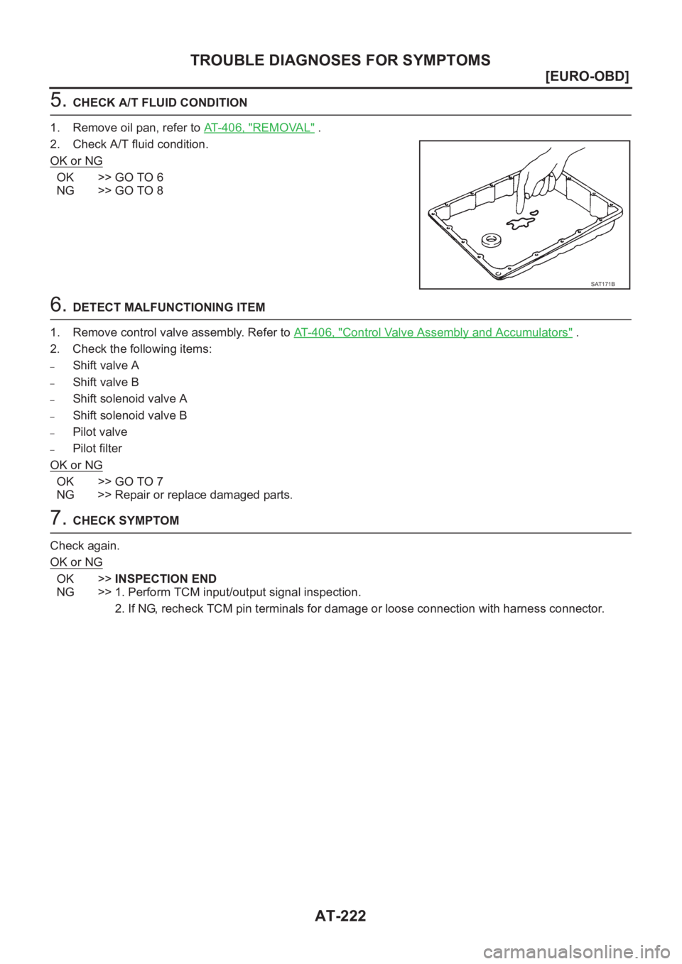 NISSAN ALMERA N16 2003  Electronic Repair Manual AT-222
[EURO-OBD]
TROUBLE DIAGNOSES FOR SYMPTOMS
5. CHECK A/T FLUID CONDITION
1. Remove oil pan, refer to AT- 4 0 6 ,   "
REMOVAL" .
2. Check A/T fluid condition.
OK or NG
OK >> GO TO 6
NG >> 