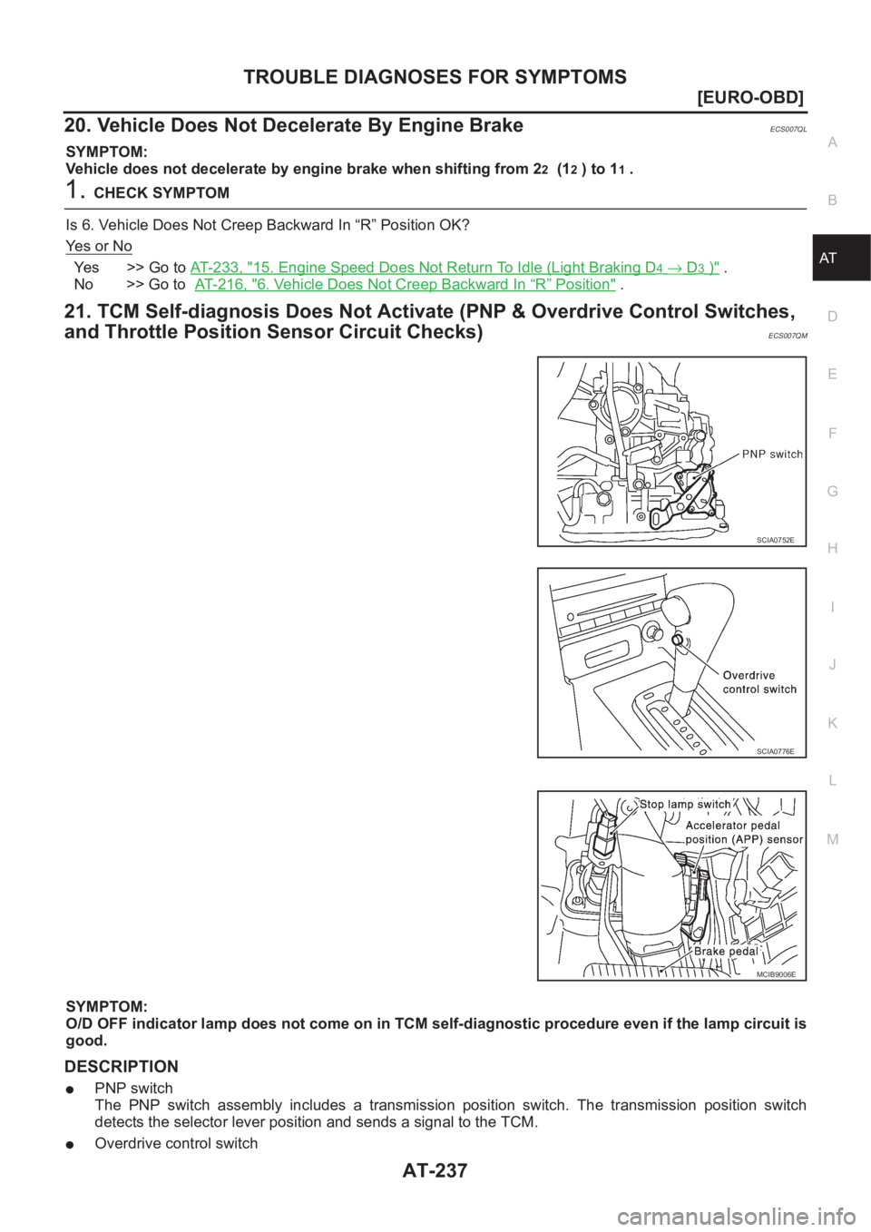 NISSAN ALMERA N16 2003  Electronic Repair Manual TROUBLE DIAGNOSES FOR SYMPTOMS
AT-237
[EURO-OBD]
D
E
F
G
H
I
J
K
L
MA
B
AT
20. Vehicle Does Not Decelerate By Engine BrakeECS007QL
SYMPTOM:
Vehicle does not decelerate by engine brake when shifting fr