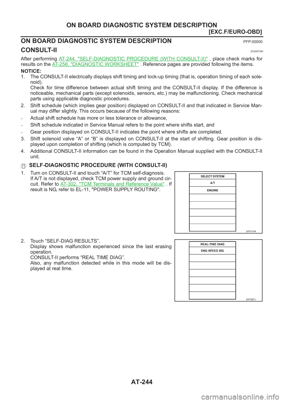 NISSAN ALMERA N16 2003  Electronic Repair Manual AT-244
[EXC.F/EURO-OBD]
ON BOARD DIAGNOSTIC SYSTEM DESCRIPTION
[EXC.F/EURO-OBD]ON BOARD DIAGNOSTIC SYSTEM DESCRIPTIONPFP:00000
CONSULT-IIECS007QN
After  performing AT- 2 4 4 ,   "SELF-DIAGNOSTIC  