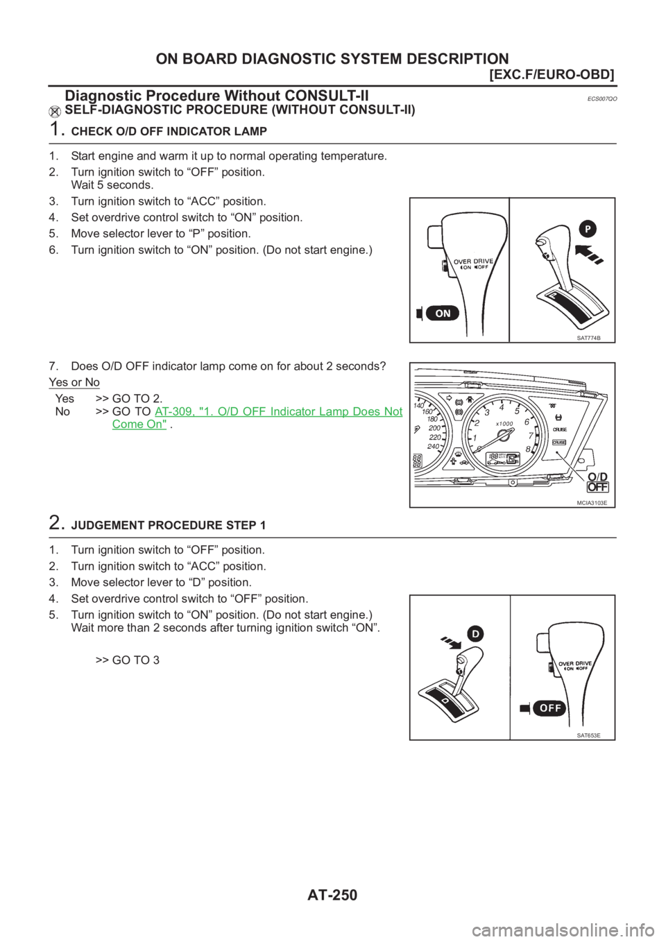 NISSAN ALMERA N16 2003  Electronic Repair Manual AT-250
[EXC.F/EURO-OBD]
ON BOARD DIAGNOSTIC SYSTEM DESCRIPTION
Diagnostic Procedure Without CONSULT-II
ECS007QO
SELF-DIAGNOSTIC PROCEDURE (WITHOUT CONSULT-II)
1. CHECK O/D OFF INDICATOR LAMP
1. Start 