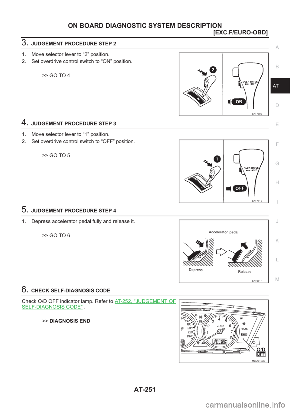 NISSAN ALMERA N16 2003  Electronic Repair Manual ON BOARD DIAGNOSTIC SYSTEM DESCRIPTION
AT-251
[EXC.F/EURO-OBD]
D
E
F
G
H
I
J
K
L
MA
B
AT
3.JUDGEMENT PROCEDURE STEP 2
1. Move selector lever to “2” position.
2. Set overdrive control switch to “
