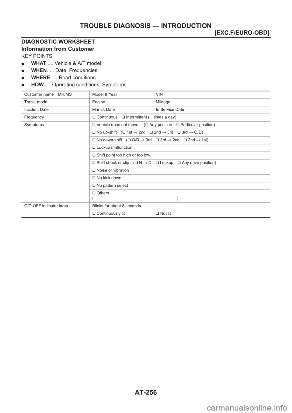 NISSAN ALMERA N16 2003  Electronic Repair Manual AT-256
[EXC.F/EURO-OBD]
TROUBLE DIAGNOSIS — INTRODUCTION
DIAGNOSTIC WORKSHEET
Information from Customer
KEY POINTS
●WHAT..... Vehicle & A/T model
●WHEN..... Date, Frequencies
●WHERE..... Road 