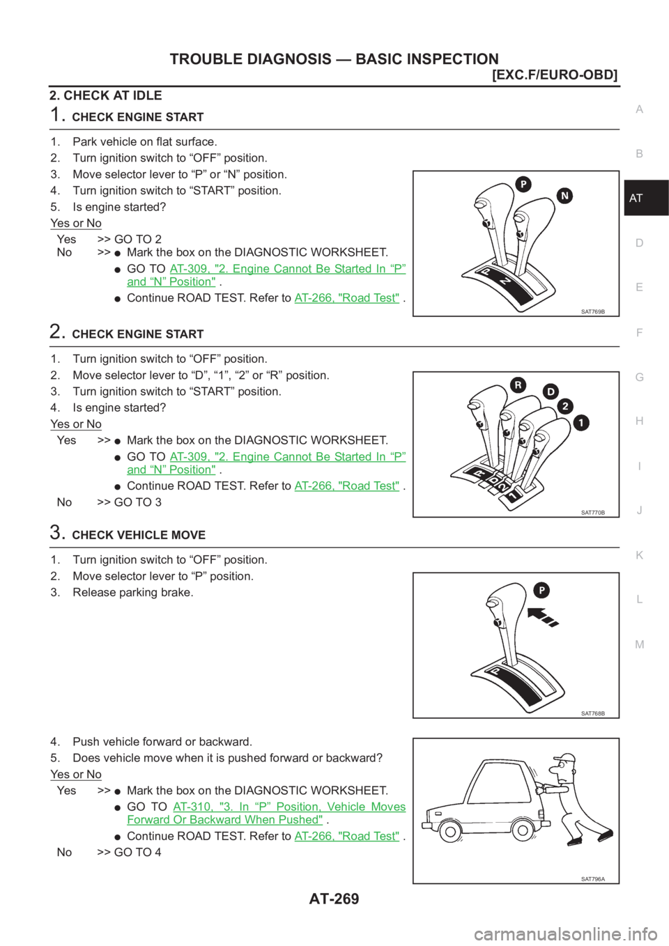 NISSAN ALMERA N16 2003  Electronic Repair Manual TROUBLE DIAGNOSIS — BASIC INSPECTION
AT-269
[EXC.F/EURO-OBD]
D
E
F
G
H
I
J
K
L
MA
B
AT
2. CHECK AT IDLE
1.CHECK ENGINE START
1. Park vehicle on flat surface.
2. Turn ignition switch to “OFF” pos