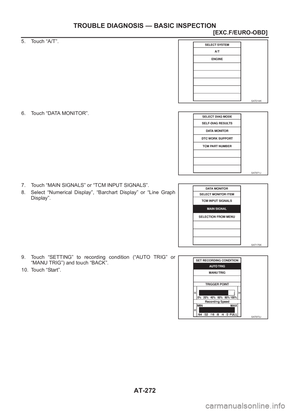 NISSAN ALMERA N16 2003  Electronic Repair Manual AT-272
[EXC.F/EURO-OBD]
TROUBLE DIAGNOSIS — BASIC INSPECTION
5. Touch “A/T”.
6. Touch “DATA MONITOR”.
7. Touch “MAIN SIGNALS” or “TCM INPUT SIGNALS”.
8. Select  “Numerical  Display