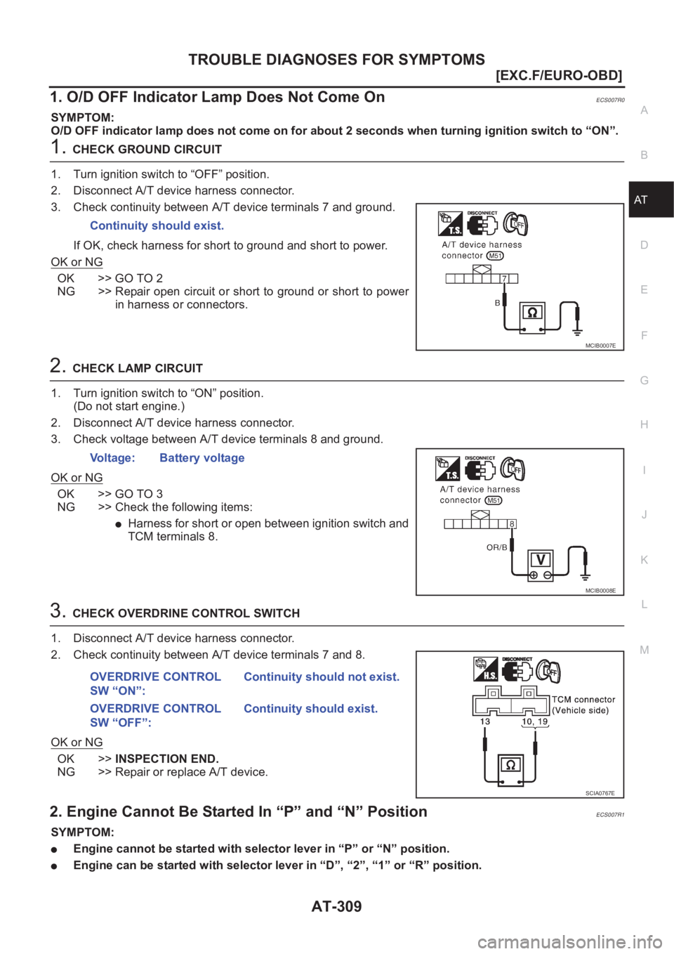 NISSAN ALMERA N16 2003  Electronic Repair Manual TROUBLE DIAGNOSES FOR SYMPTOMS
AT-309
[EXC.F/EURO-OBD]
D
E
F
G
H
I
J
K
L
MA
B
AT
1. O/D OFF Indicator Lamp Does Not Come OnECS007R0
SYMPTOM:
O/D OFF indicator lamp does not come on for about 2 seconds